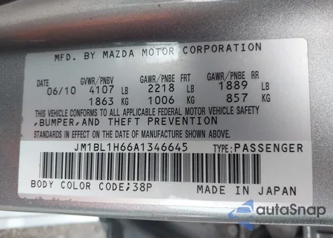 2010 Mazda Mazda3 S Sport from USA, damaged, VIN JM1BL1H66A1346645